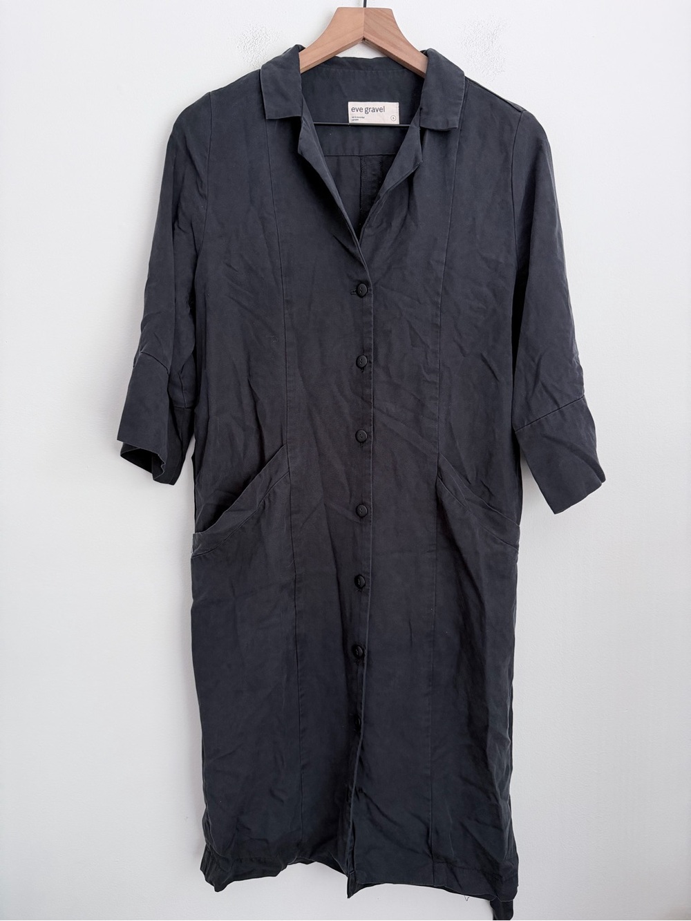 Eve Gravel Short Sleeve Button-Down Pocket Shirt Dress Tencel S